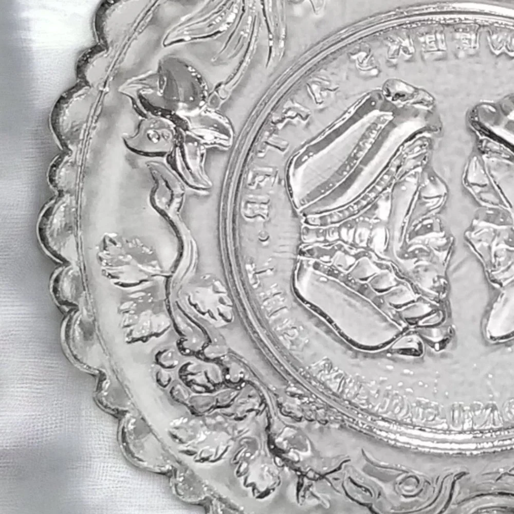 EAPG Mini Clear Glass Plates Westmoreland The Wedding Day & Hearts & Lyre 1930